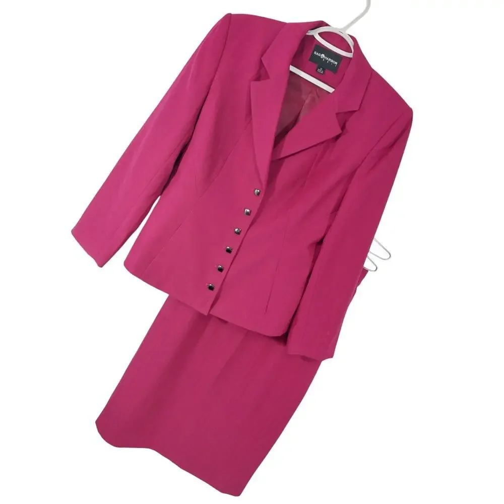 SAG HARBOR! FUSCHIA PINK, 6 BUTTON, 2 PC SKIRT & JACKET, BLAZER SUIT SET! SZ 10